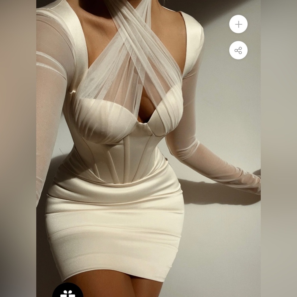 Sheer-Panel Cross-Neck Midi Dress in Cream